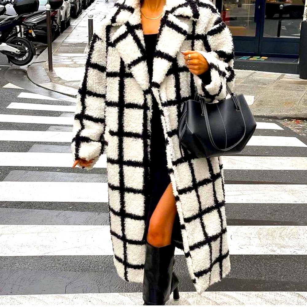 Black and White Teddy Jacket with Geometric Design